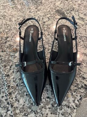 No Boundaries Black Patent Pointed Slingback Flats with Mary Jane Strap